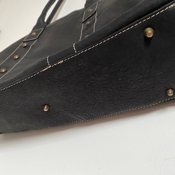 Sac de week-end en cuir véritable noir surpiqué et boutons or bronze - Picture 2 of 6